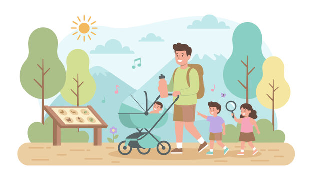 Happy family with father and kids hiking in nature Exploring park outdoor adventure healthy lifestyle