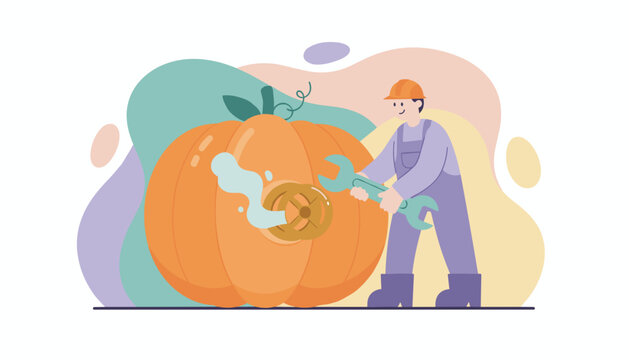 Smiling worker repairs a leaking pumpkin with a wrench symbolizing whimsical autumn maintenance or problemsolving