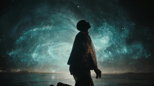 Pixelated Silhouette Kneeling on Reflective Surface Gazing at Celestial Display