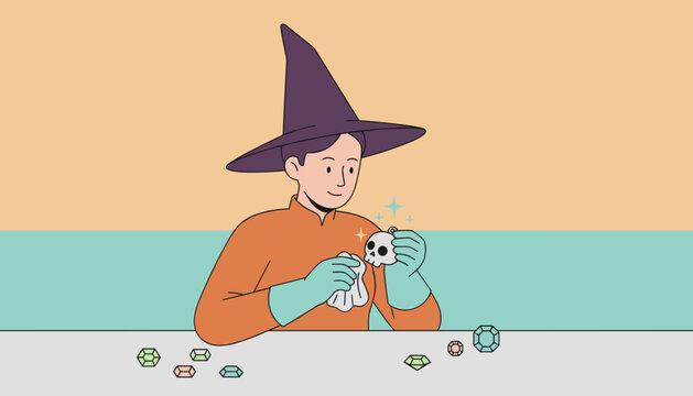 Witch cleaning a shiny skull charm Mystical craft concept with gems