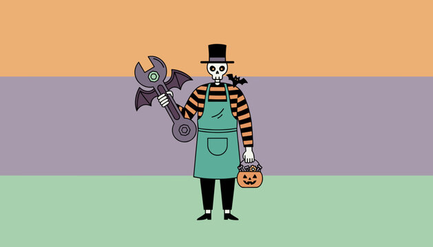 Halloween skeleton mechanic holds a bat wrench and candy bucket Perfect for holiday service concepts