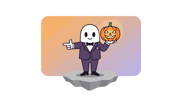Happy ghost in suit points holding glowing Halloween pumpkin Spooky celebration concept