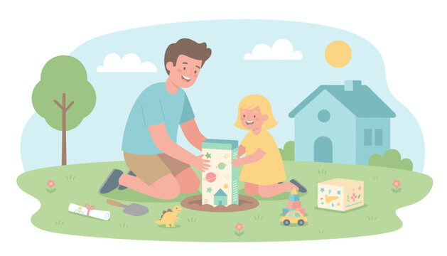 Happy father and daughter planting a time capsule in their garden celebrating growth and family bonding