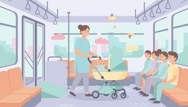 Mother and happy baby in stroller using public transport Convenient urban family travel