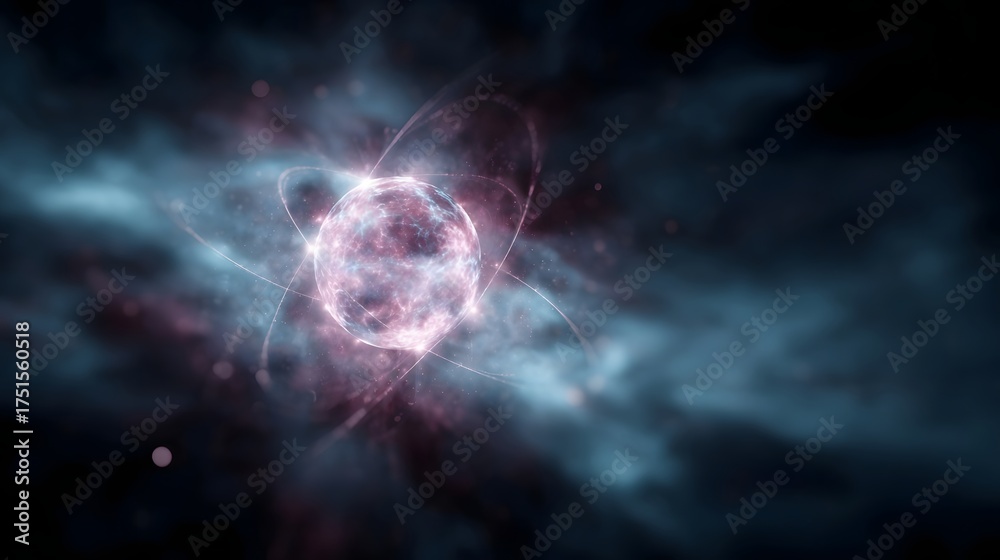 Wall mural abstract depiction of a glowing atomic nucleus with orbiting electrons in a cosmic nebula representi