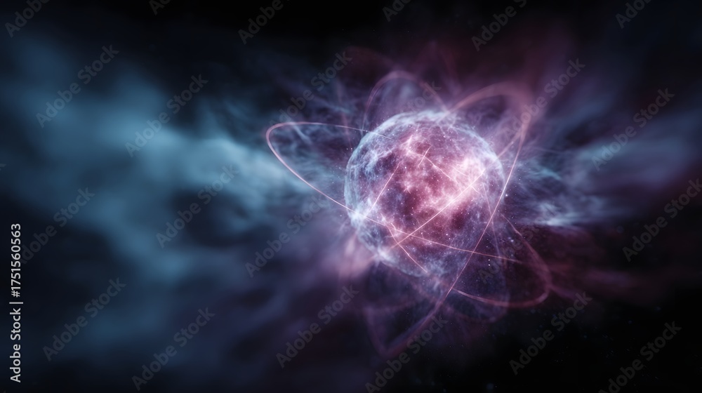 Wall mural abstract depiction of a glowing atomic nucleus with dynamic orbiting energy lines and a smoky cosmic