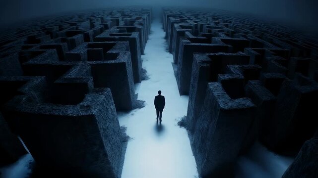 Person in Dark Suit Standing in Endless Maze with Dim Blue Lighting and Dramatic Fog