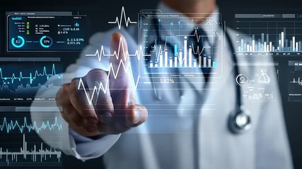 Doctor interacting with digital health data, analyzing graphs and statistics in a modern setting - Powered by Adobe