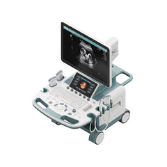 Fototapeta premium Isometric view of a modern ultrasound machine displaying fetal images on its screens and control panel on transparent background