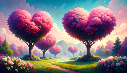 Romantic Heart-Shaped Trees in a Scenic Landscape
