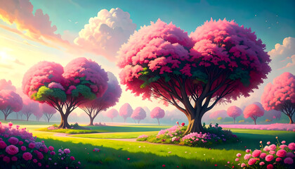 Blossoming Cherry Trees in Scenic Landscape