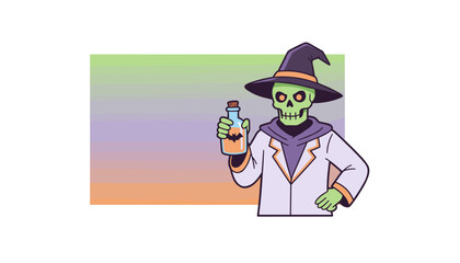 Friendly skeleton wizard holding a magic potion bottle perfect for Halloween themes or fantasy concepts