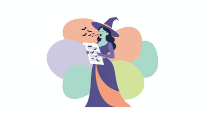Witch singing a spooky Halloween tune releasing bats with magic perfect for festive designs