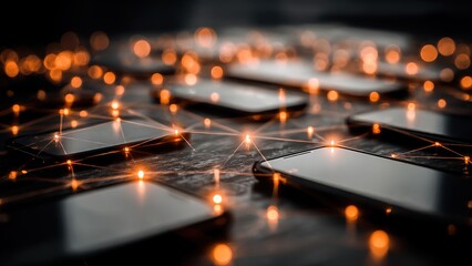 Futuristic network of smartphones connected by glowing lights, symbolizing modern digital communication and innovation.