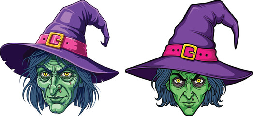 Spooky green witches with purple hats for halloween celebration art