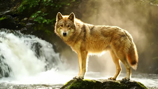 Wolf Standing Alertly on Rock Near Waterfall in Misty Forest