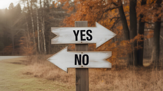 Make a crucial decision with this rustic YES NO signpost in an autumnal forest setting