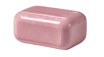 Rectangular, rounded, shiny pink soap bar against black