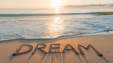 Golden sunrise casts gentle waves onto sandy beach with 'DREAM' written in sand