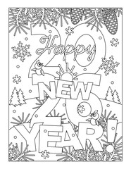Happy New Year 2026 greeting. Coloring page for kids and adults with outdoor winter scene. Sign, poster, card, banner. Black and white, printable.