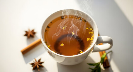 Steaming Herbal Tea with Chamomile, Cinnamon, and Star Anise