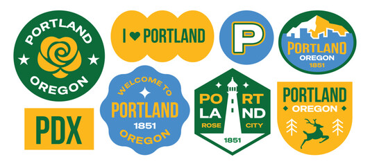 Naklejka premium Portland oregon stickers travel collection. Set of US popular city badges. 