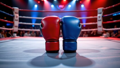 Boxing Gloves Near Rope Ring with Dramatic Lighting
