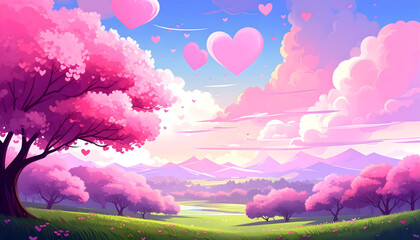 Romantic Landscape with Pink Hearts and Cherry Blossoms
