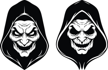 Creepy witch faces with hoods spooky halloween graphic design art