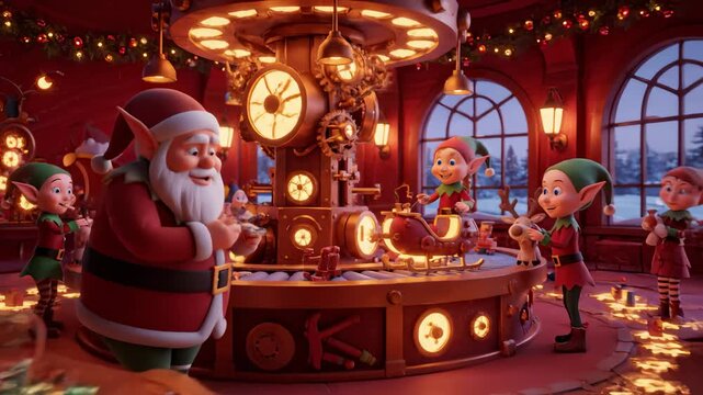 Santa Claus and Elves Working in Toy Factory Workshop at North Pole, Animated