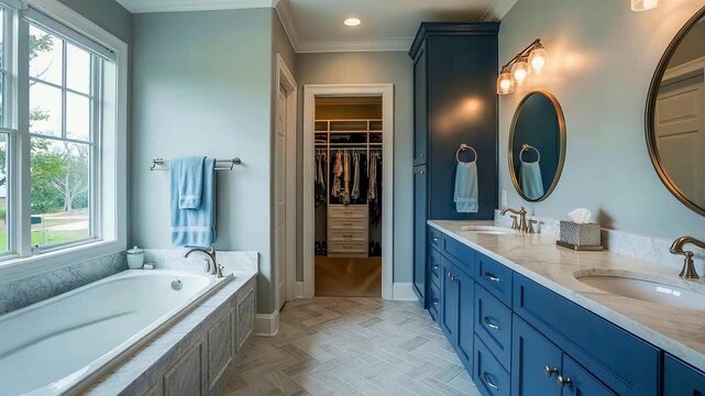 Luxurious, spacious bathroom features a bathtub, double vanity, large mirrors, and a closet