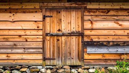 Rustic wooden shed with a centered door, detailed wood grain and texture