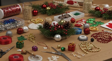 Crafting Supplies for DIY Christmas Decorations on a Table.