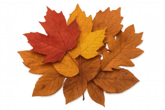 Autumn leaves displaying vibrant fall colors with multiple leaf types arranged on a transparent background