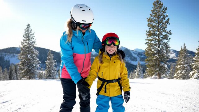 Mother and Daughter Smiling and Standing Together on Ski Hill on Sunny Day