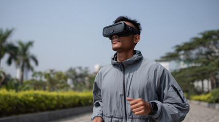 Asian man in jogging suit, wearing VR goggles outdoors on a clear day with blue sky. Urban background with tall buildings.