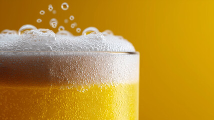 Close-up of beer, a yellow foamy drink in a clear glass.