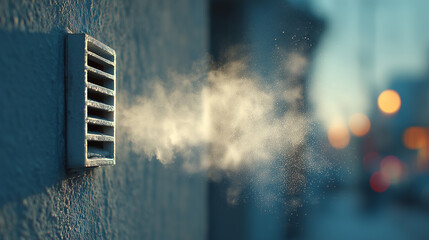 Steam or smoke coming out of metal vent on textured wall with blurred city background and warm bokeh lights creating moody atmosphere