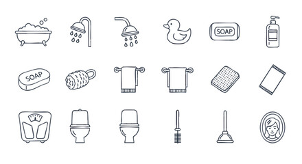 Essential Bathroom and Hygiene Objects Line Art Icons Collection A Comprehensive Set of Plumbing, Daily Care, and Restroom Amenities for Modern Lifestyle Concepts
