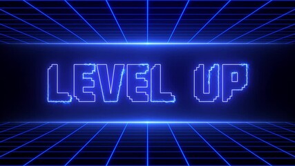 Level Up Neon Glowing Text Animation with Futuristic Blue Light Effects and Digital Grid Background, Retro 80s Style Game Interface Animation - Powered by Adobe