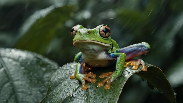 Macro Photo of a Vibrant Green Tree Frog on a Leaf in Rain with Detailed Eye and Skin Texture in Soft Natural Lighting