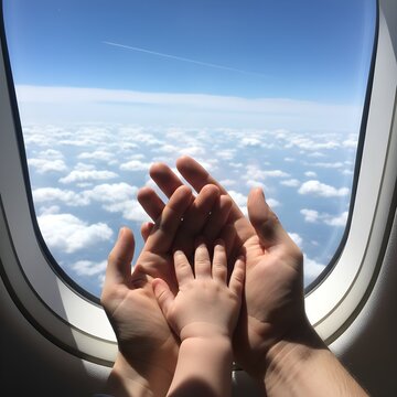 A parent's hands cradle a baby's hand against the backdrop of an airplane window, showing fluffy clouds below. The image is likely intended to represent family travel and new experiences.