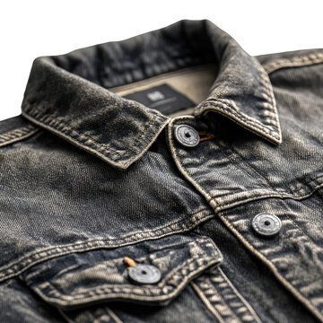 Close-up vintage, worn denim jacket with collar, pockets, and button details