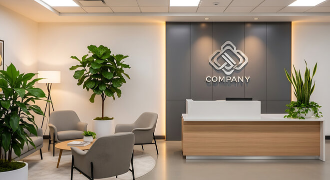 A modern office reception area with seating plants and a company logo on the back wall