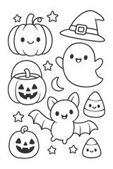 Cartoon icon set with cute smiling faces and fun illustrations - Halloween doodle coloring