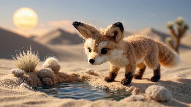 Cute fennec fox in desert landscape with evening sunlight