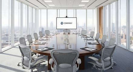 Conference room with oval table chairs and large windows showing cityscape with company logo on screen