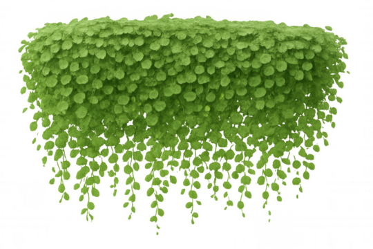 Creeping fig climbing plant creating green wall, lush foliage with dangling vines on transparent background