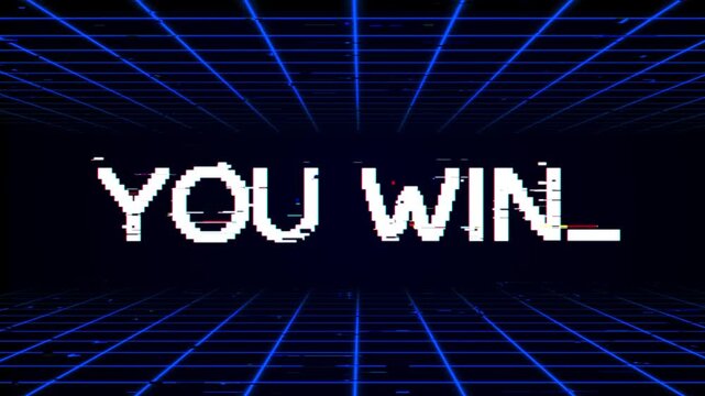 You Win Glitch Text Animation RGB Split Chromatic Aberration Futuristic Blue Grid Background