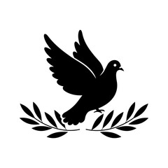 A black silhouette of a dove in flight, with its wings spread wide, perched above a laurel wreath.